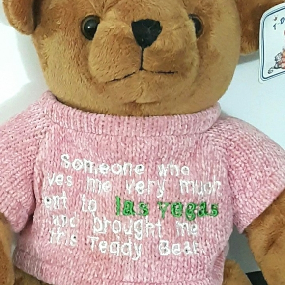 Vtg 10" Bear T Design Vegas Bear toy Stuffed Animal Animal tag's pink sweater - Picture 4 of 11